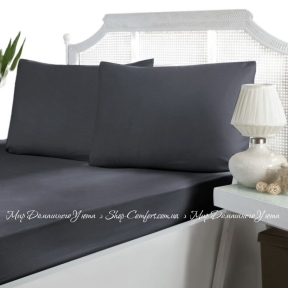 Простынь на резинке с наволочками сатиновая First Choice 180x200+30 dark grey