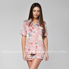 Женская атласная пижама шорты с рубашкой Shato 2220 pink flowers