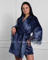 Короткий теплый халат с кружевом Felena 238 Royal blue
