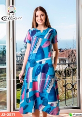 Длинное летнее платье с коротким рукавом из вискозы Cocoon J2-2571 синее