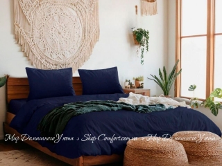 Однотонное синее постельное белье из вареного хлопка La Maison Mariella deep indigo евро