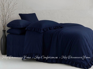 Синее постельное белье с рюшами из вареного хлопка La Maison Weens deep indigo евро