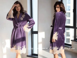 Женский велюровый халат Suavite Мариэль короткий фиолетовый