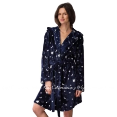 Теплый женский халат с капюшоном Key LGD 750 B21 синий со звездами