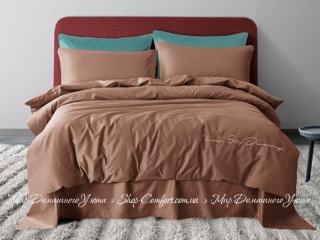 Сатиновое постельное белье с вышивкой Bella Villa T-0013 коричневое евро