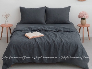 Однотонное серое постельное белье из вареного хлопка La Maison Mariella charcoal евро