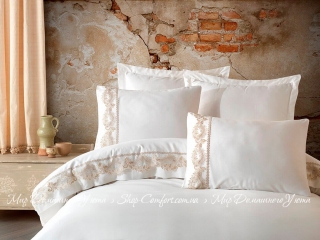 Сатиновое постельное белье с вышивкой Dantela Vita Inci krem евро