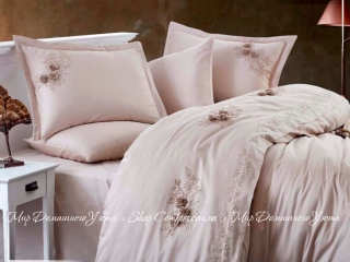 Сатиновое постельное белье с вышивкой Dantela Vita Safir beige евро